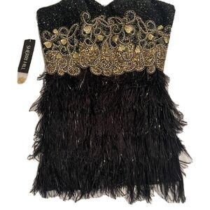Sherri Hill Rare Vintage Ostrich Feather Black and Gold Dress
